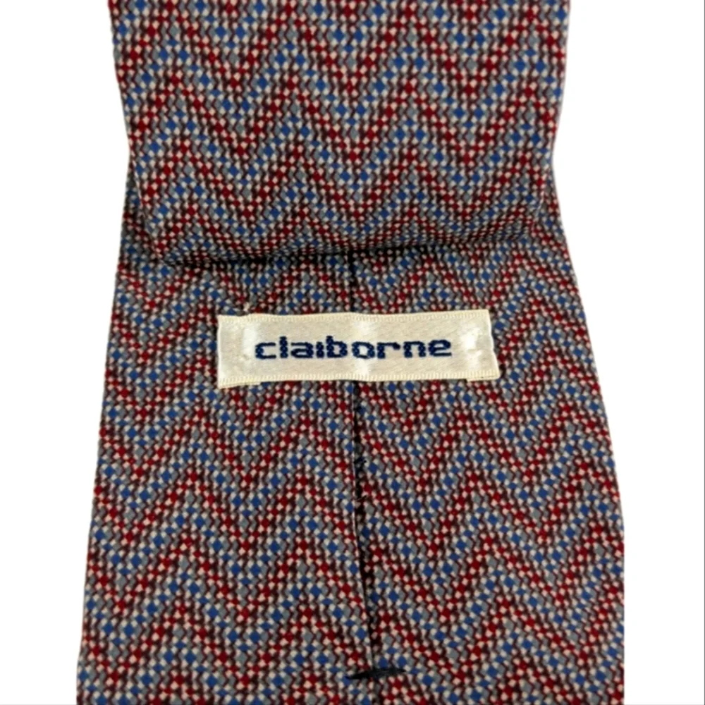 Vintage Claiborne Silk Tie Red Blue Gray Chevron Made in USA
